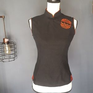 Chinese cotton shirt black with red trim